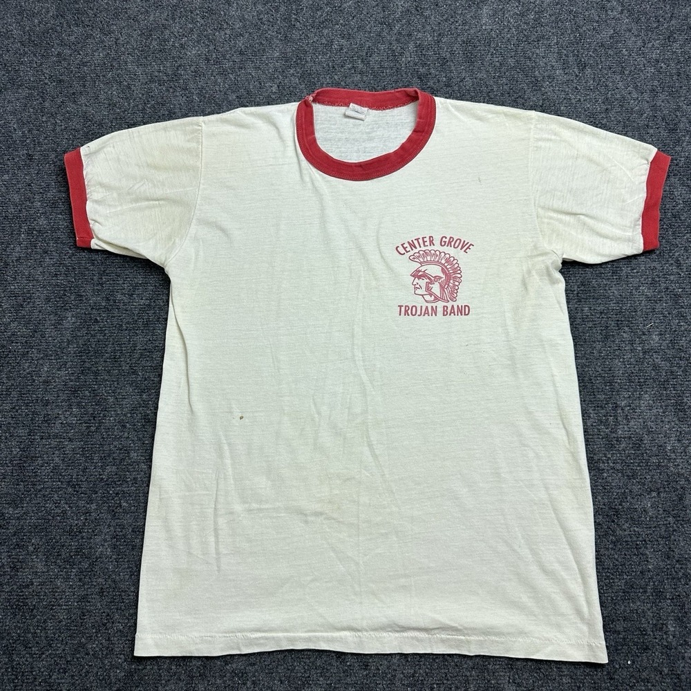 VTG 70s Off White Red Ringer collegiate School Shirt Trojans Grunge Boho Men's L